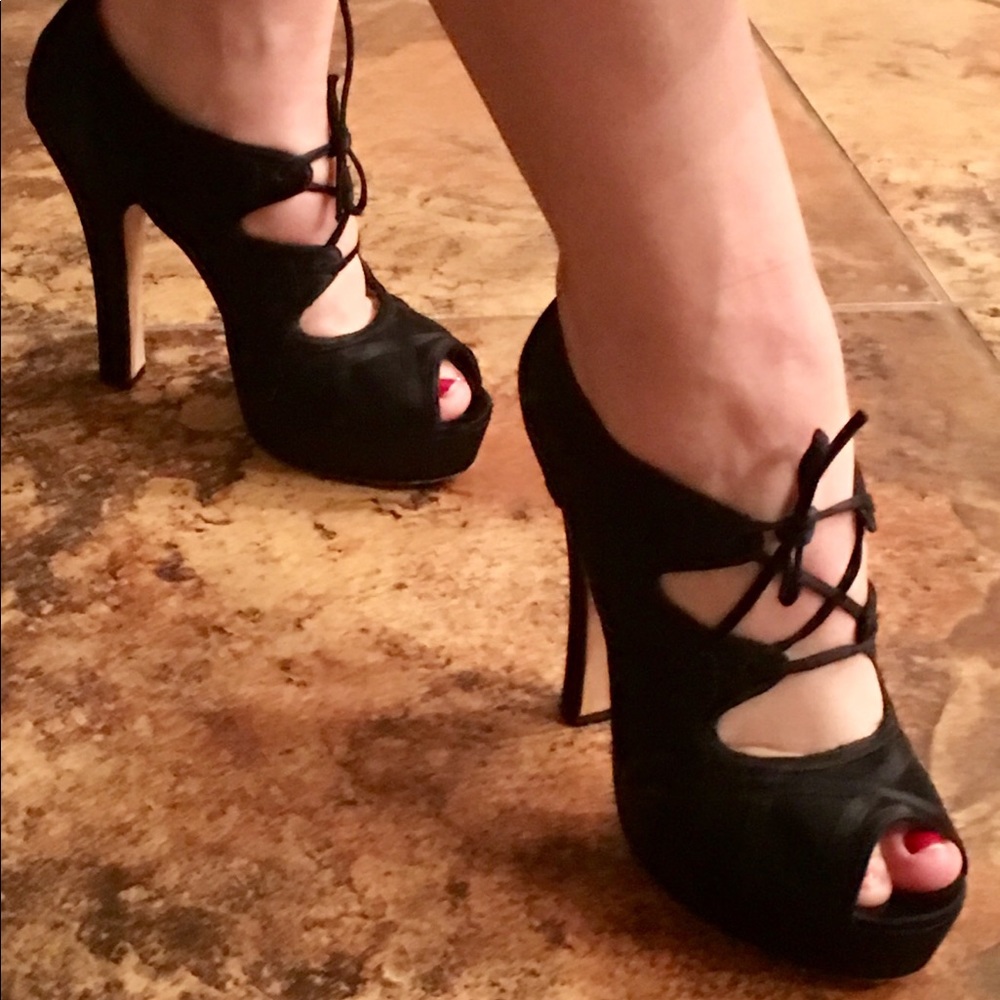 Bebe black lace up peep toe booties ankle boots